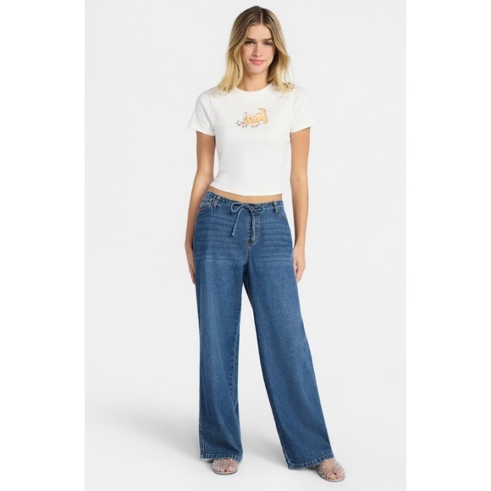 Women's Wide Leg Jeans Sz S Blue Mid Rise Pull On Drawstring Boho Y2K Streetwear